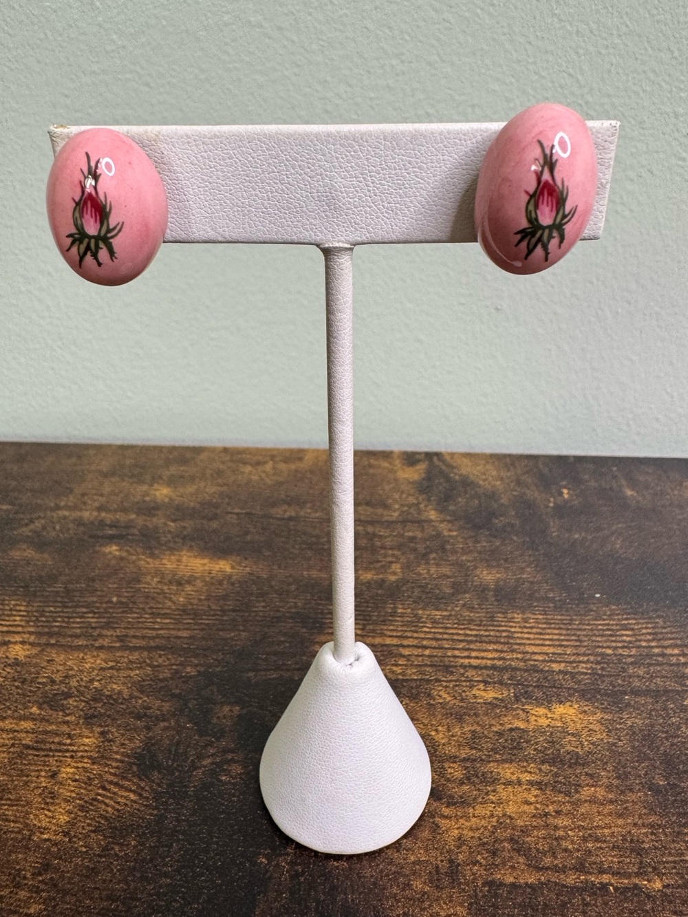 4/$20 Vintage Pink Floral Screw-Back Porcelain Earrings - Oval Egg Shape
